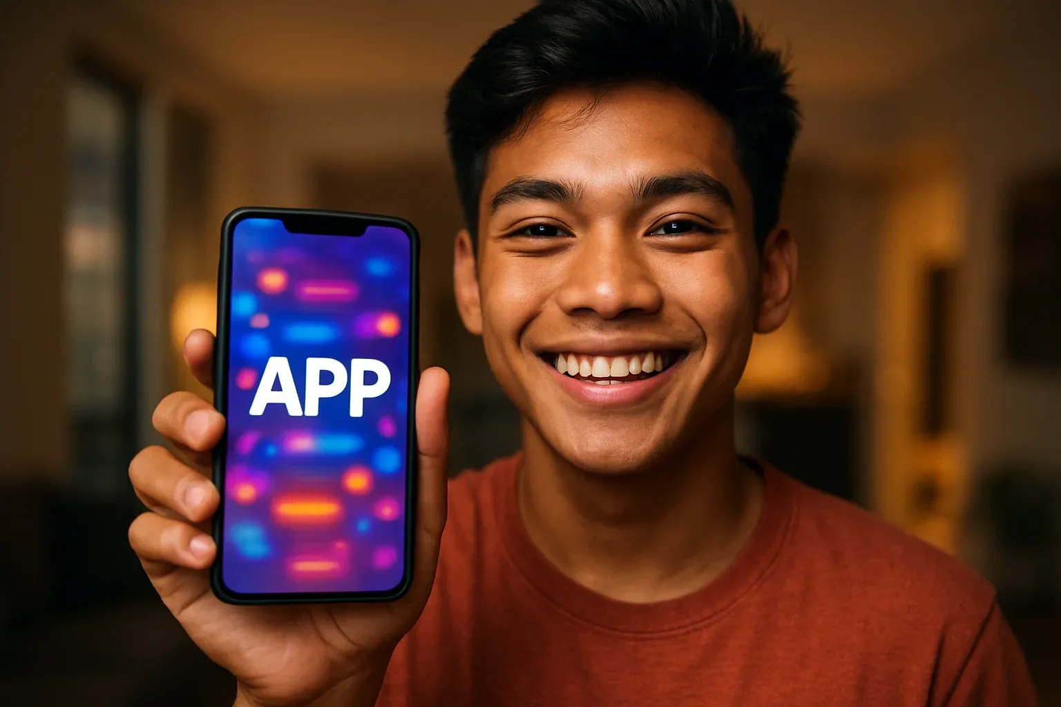 Young Filipino man smiling confidently holding smartphone with glowing app screen