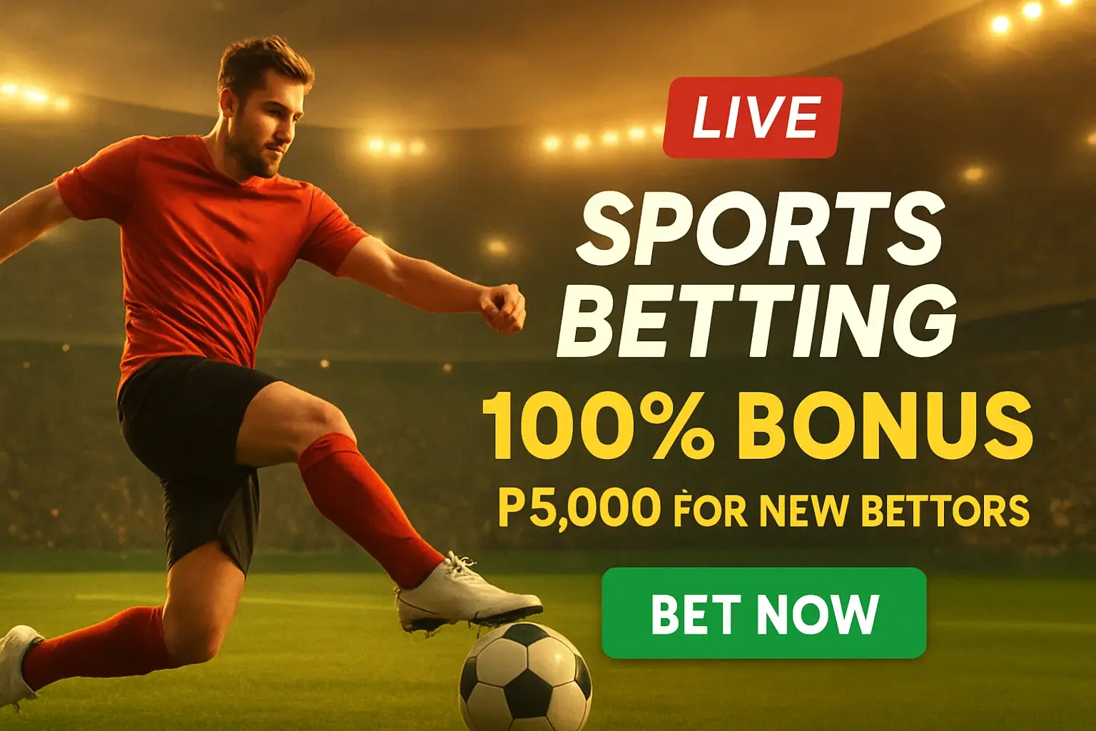 Sports betting banner with footballer, stadium, Philippines bonus, and bet now button