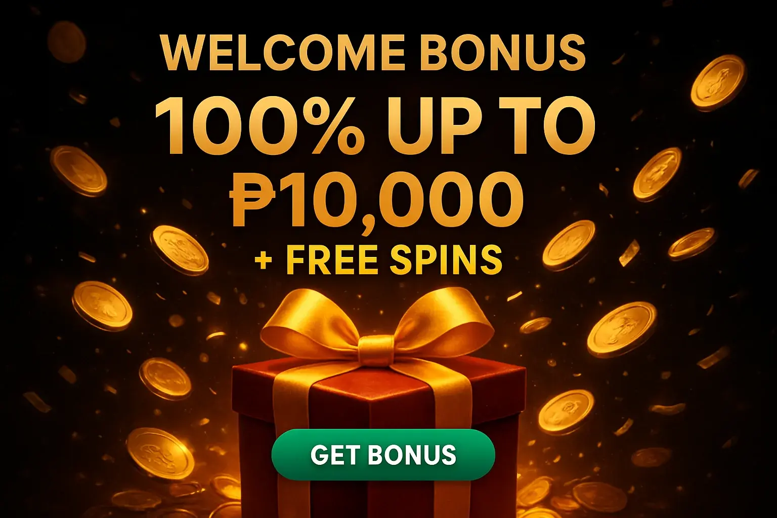 Casino welcome bonus banner with gift box, coins, confetti, and CTA