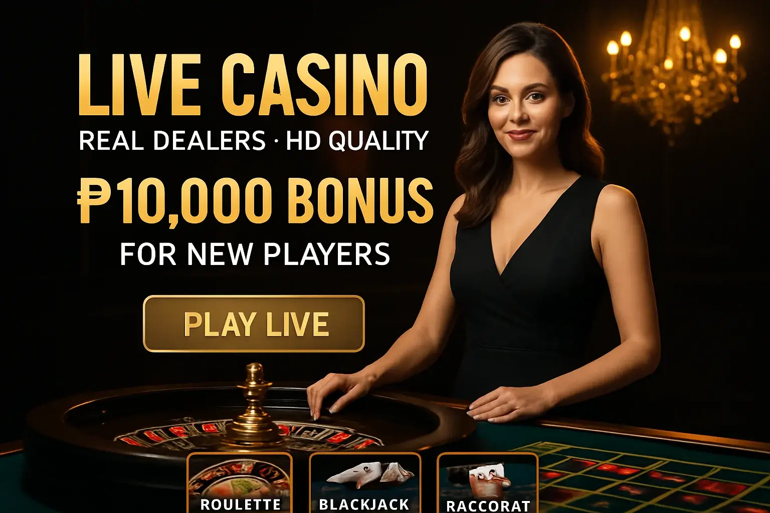 Live casino banner with female dealer, roulette, Philippines bonus offer