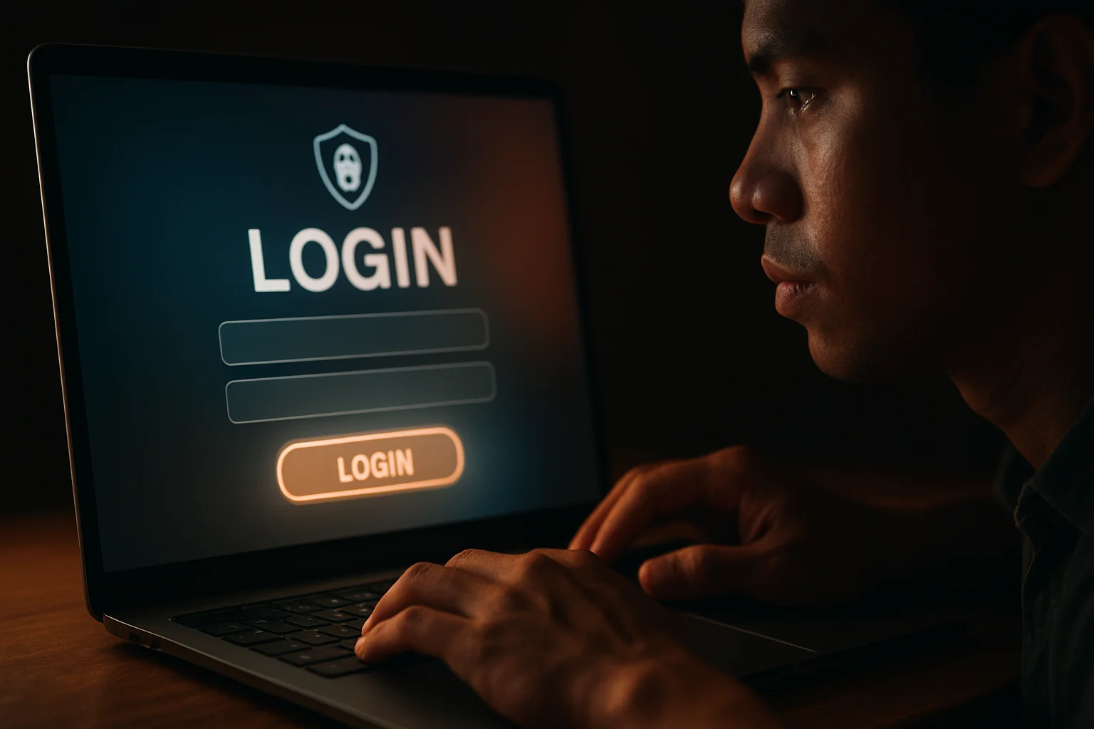 Young Filipino man's hands on laptop showing stylized LOGIN screen