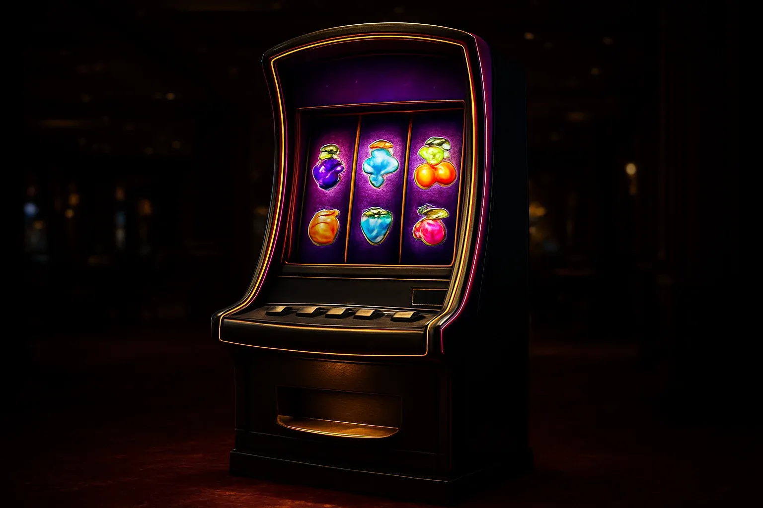 Complete premium slot machine on luxury casino floor with three vertical reels